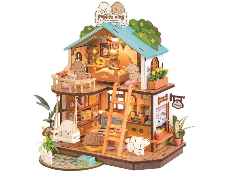 RoboTime Bausatz Welpen Villa 3D-Puzzle aus lasergeschnittenen Holzteilen