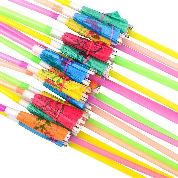 (100er Set) 24cm Flexibler Kunststoff Strohhalm Einweg Sommer Party Deko Trinkhalm mit Schirmchen - Bunt