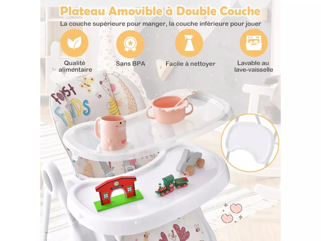 Chaise Haute Bébé Pliable 3 en 1, Chaise Haute Bébé Évolutive avec Double Plateau Amovible et Réglable, 7 Hauteurs et 3 Angles d'Inclinaison, Roue Verrouillable, 6-36 Mois, Max 23KG (Beige)
