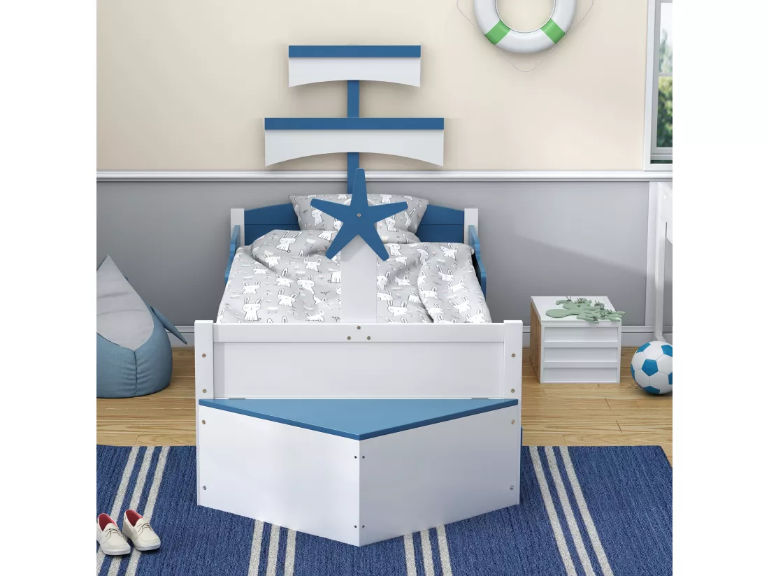 Lit enfant 90x200cm en bois - avec lit gigogne 90x190cm et une coffre - en forme de voilier - Bleu