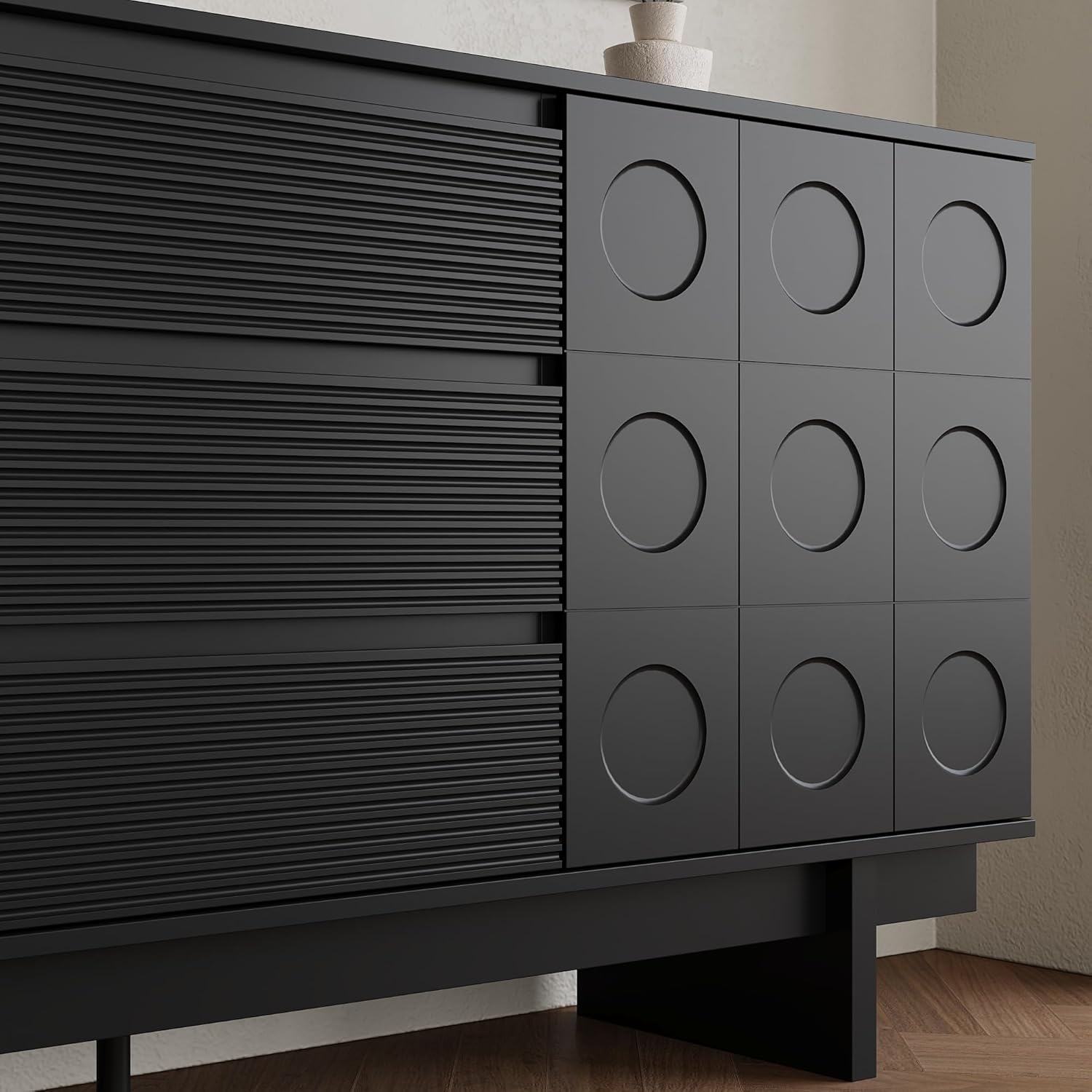 Modernes Sideboard Schwarz 160 x 40 x 80 cm mit 3 Schubladen und 2 Türen – Design-Kommode mit viel Stauraum, Hochwertiger Aufbewahrungsschrank für Wohnzimmer, Esszimmer oder Flur, Belastbar bis 80 kg