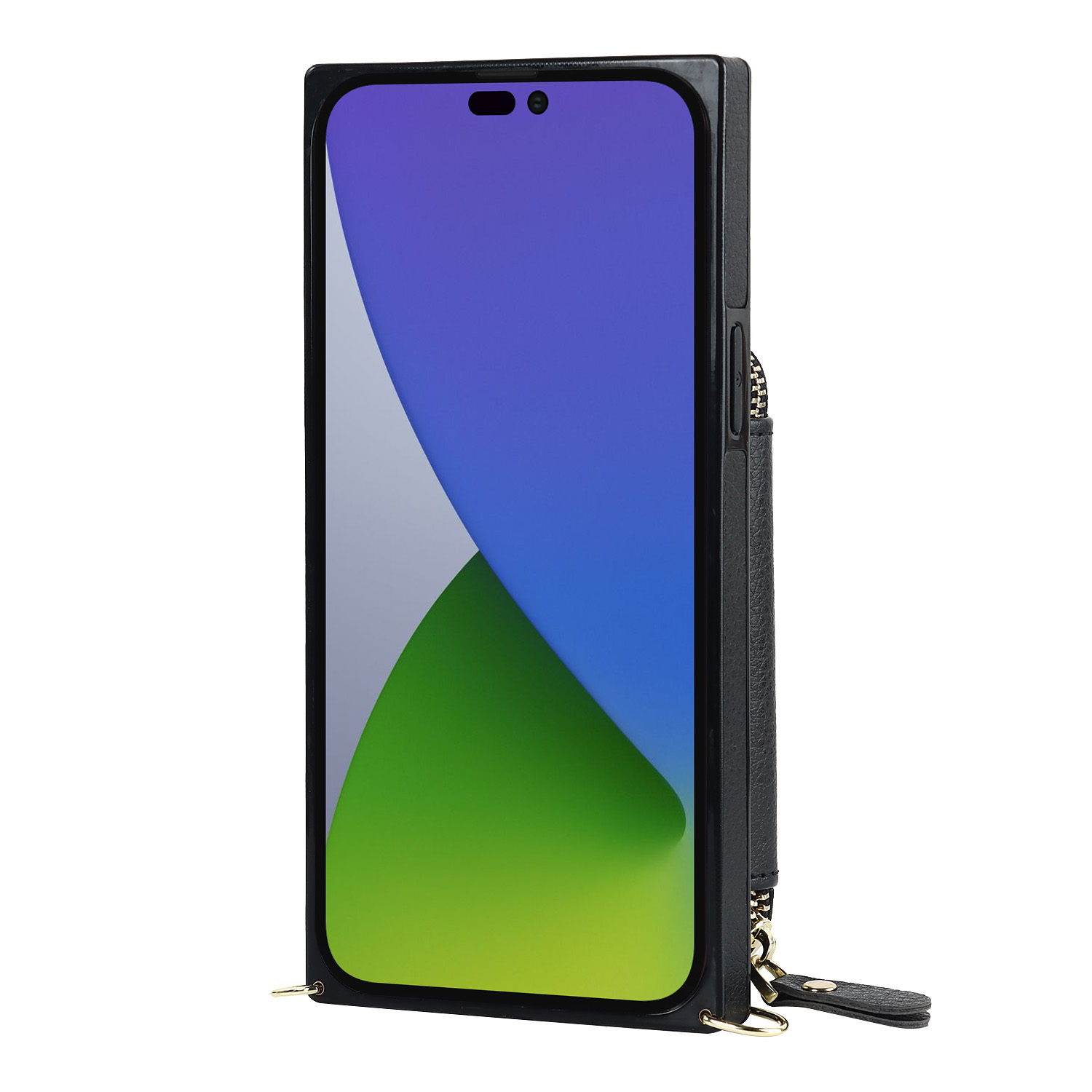 iPhone 15 Pro Necklace Leder Schutz Hülle mit Kartenfächer   Handykette (140cm) - Schwarz