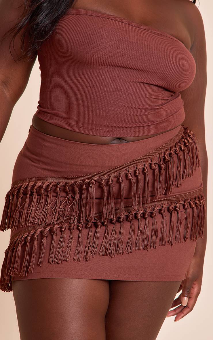Chocolat Jupe Mini En Lin Avec Détails Pompons Grande Taille