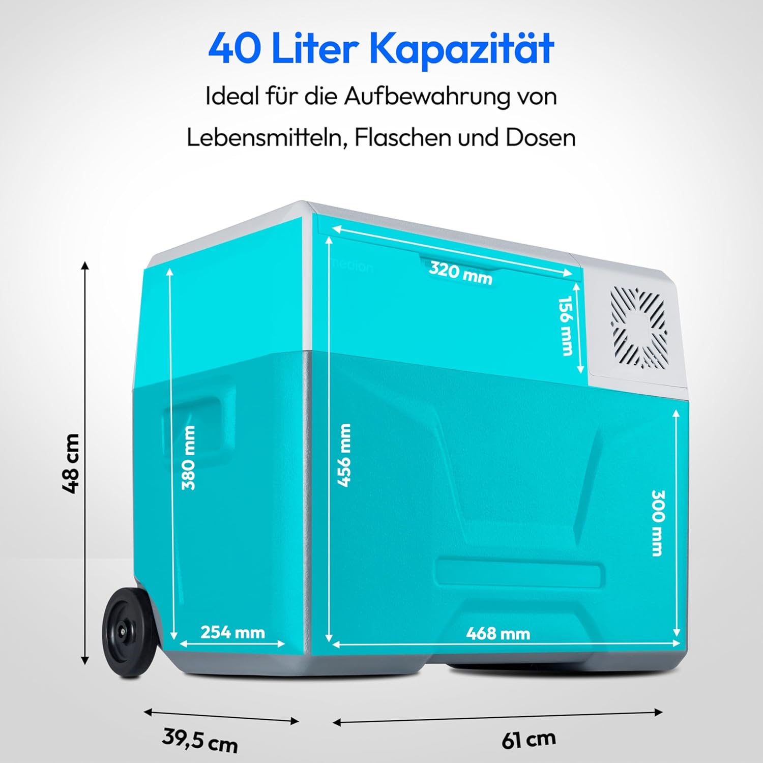 MEDION mobile elektrische Kompressor Kühlbox (40L Kapazität, elektrisch, Mini Kühlschrank & Gefrierbox, USB, 230V 12V 24V KFZ Adapter, für Auto LKW Wohnwagen Camping Boot Garten Festival, MD13111)