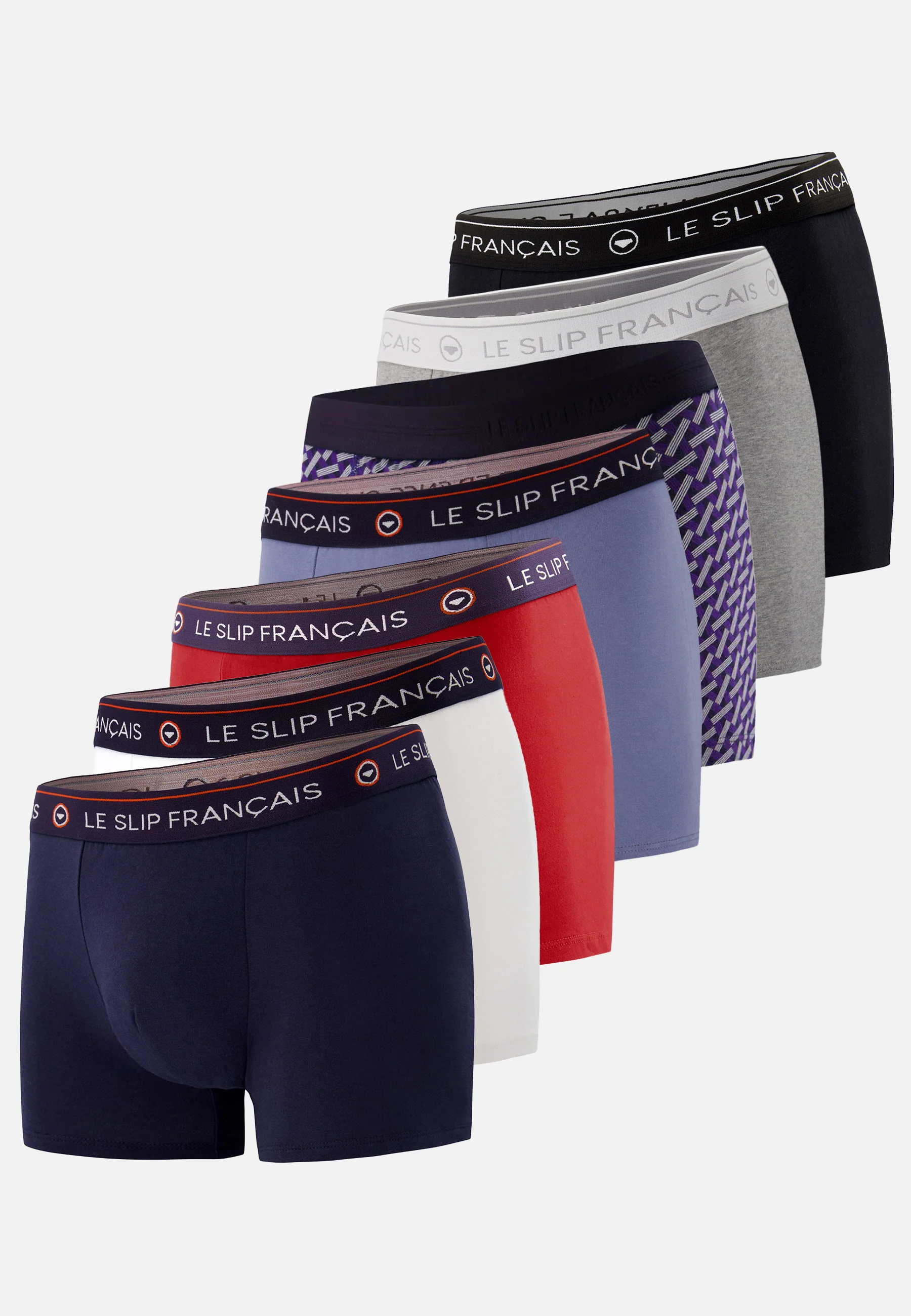 Sept boxers en coton-Pack Semainier Boxer Redoutable Marine Blanc Rouge Bleu Jean Gris Noir Marius Diagonale