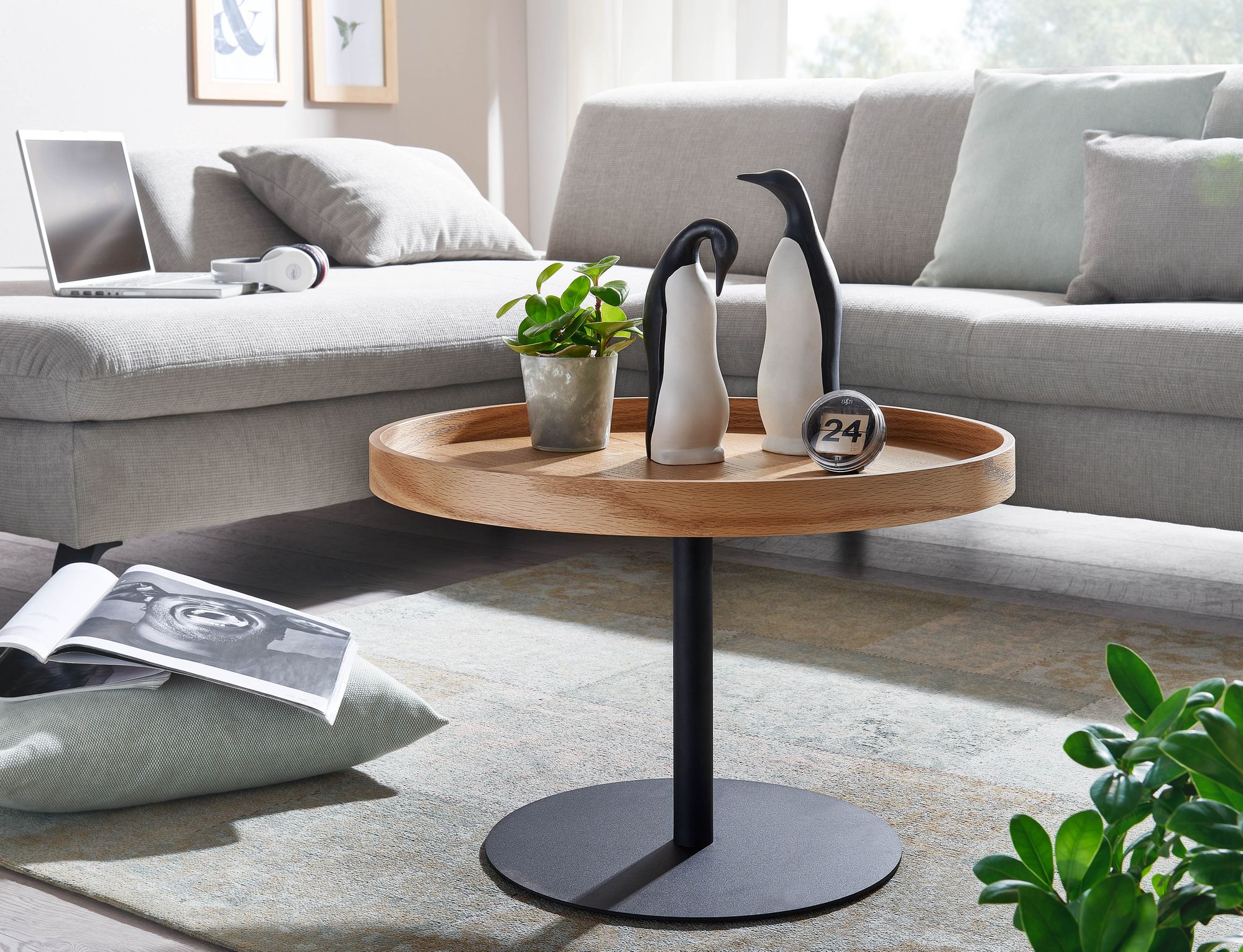 KADIMA DESIGN Couchtisch mit Holzmaserung und erhöhtem Rand, Metallgestell, Eichenfurnier