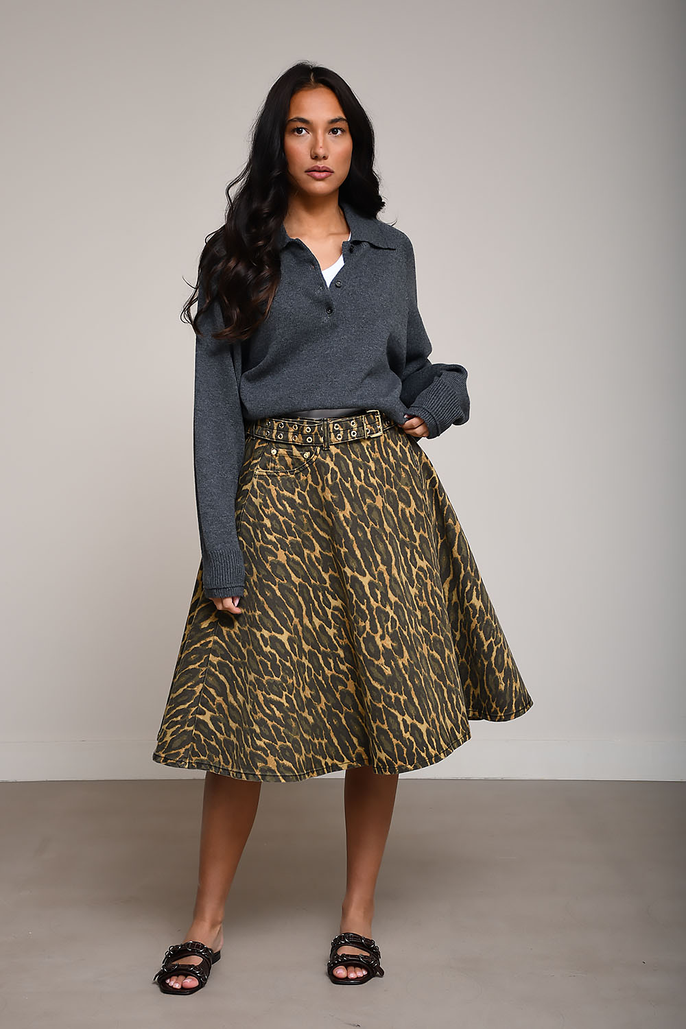 Leopard denim wrap midi skirt