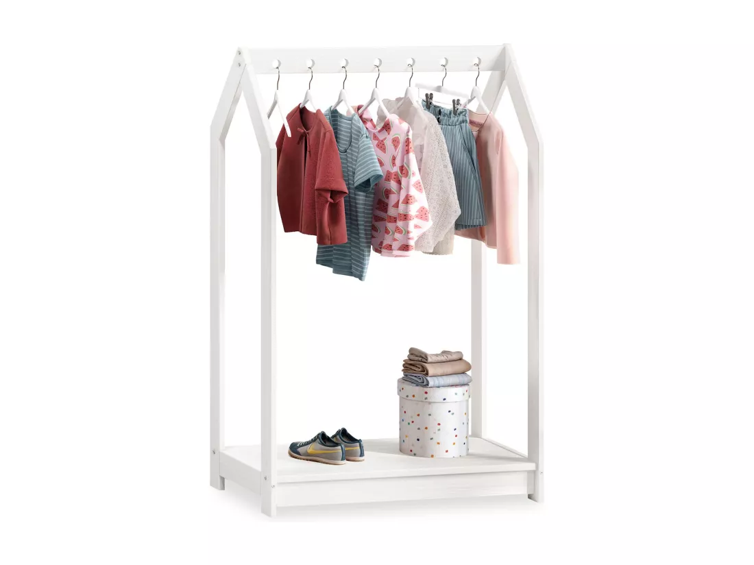 Portant Enfant SALLY en Pin Massif, Dressing Enfant avec Tringle à Vêtements, Penderie Enfant Montessori, Blanc