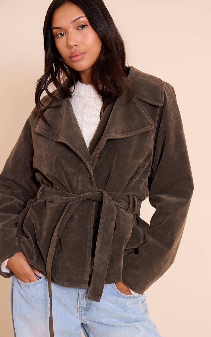 Kaki Veste Ceinturée En Synthétique Couleur Crème