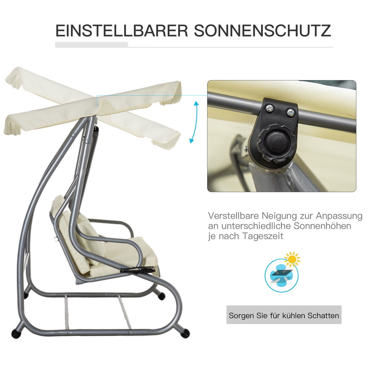 Outsunny 3-zits Hollywood schommel, tuinschommel met zitting en rugleuning, 200 x 120 x 164 cm, staal, polyester stof, beige