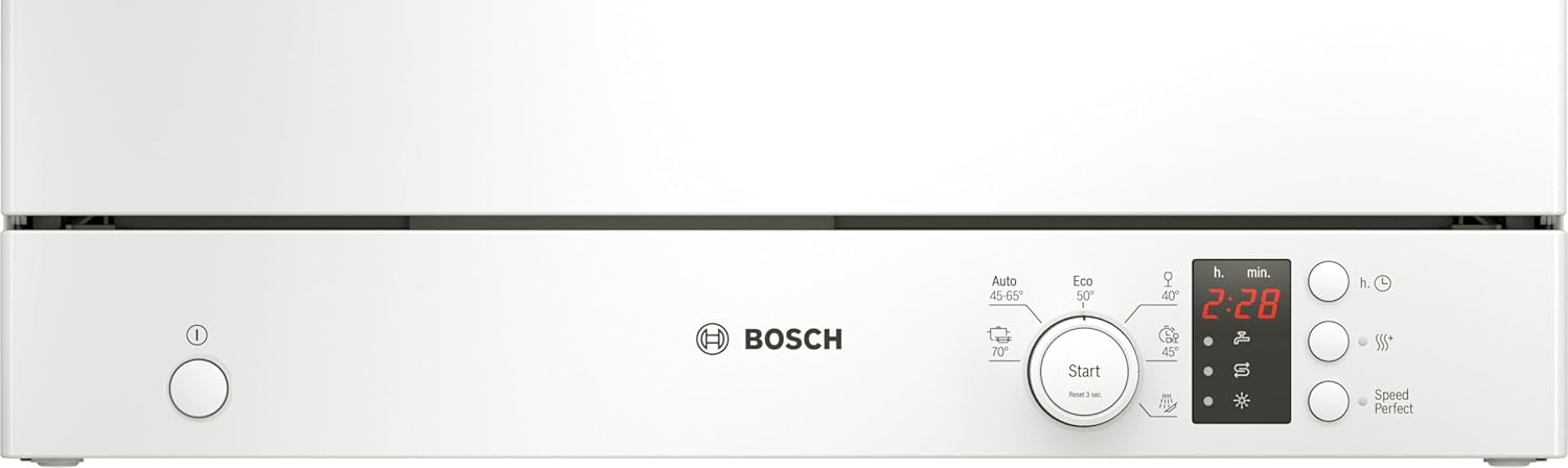 Bosch SKS2ITW00E, Serie 2, Freistehender Kompakt-Geschirrspüler 55 cm, Besteckkorb, Mini Spülmaschine, schneller sauberes Geschirr, Extra Trocknen, Schonende Glasreinigung, Automatikprogramme, Weiß