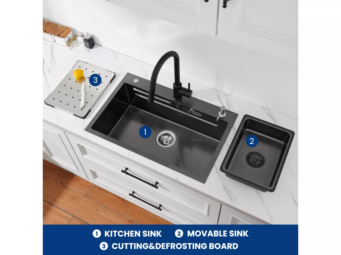 Cecipa max Évier 1 Bac 70×45 CM Noir avec Egouttoir, Vasque et Distributeur de Savon +Mitigeur Cuisine avec Douchette Extractible avec 2 Types de Jet