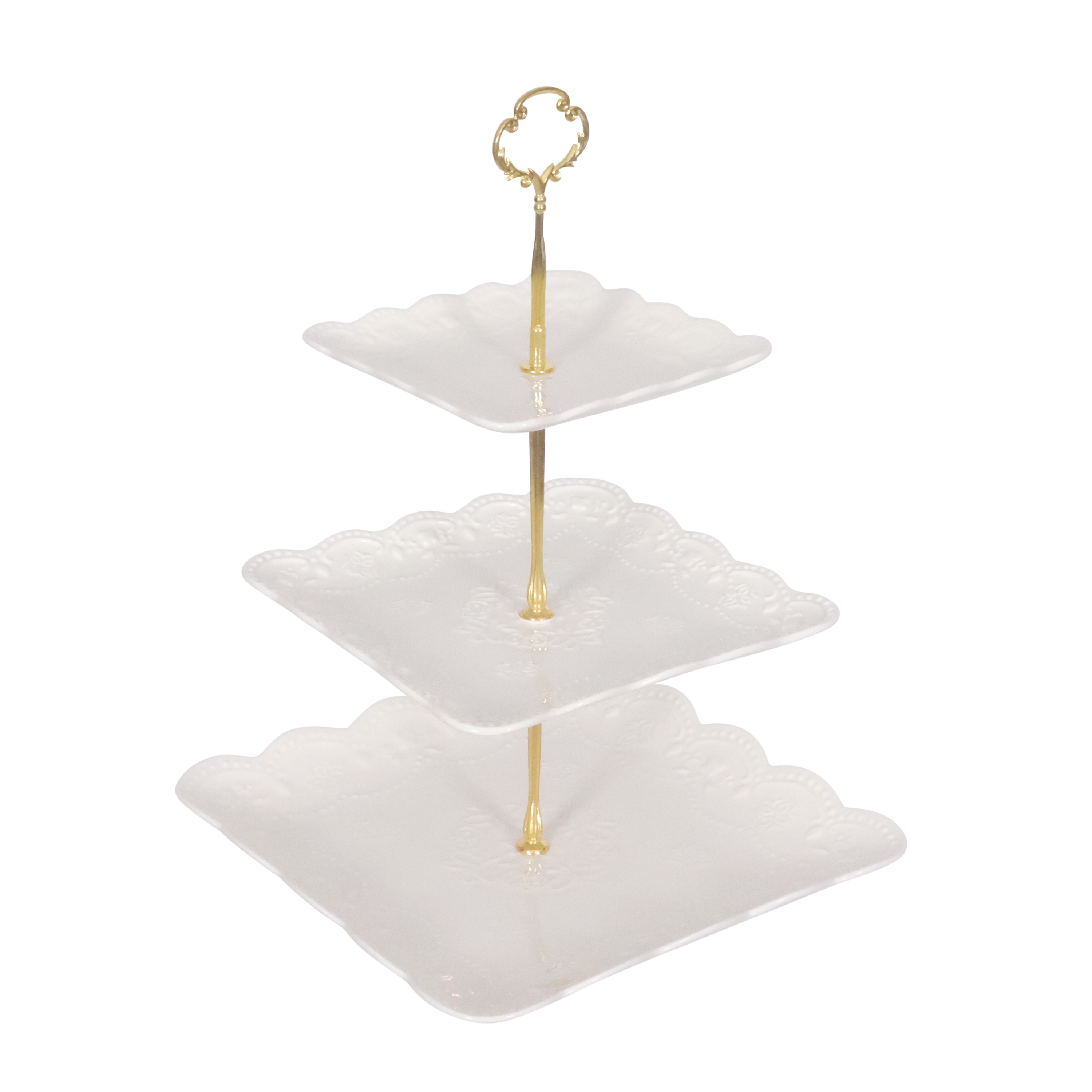 Etagere Keramik 3-stöckig weiss/gold