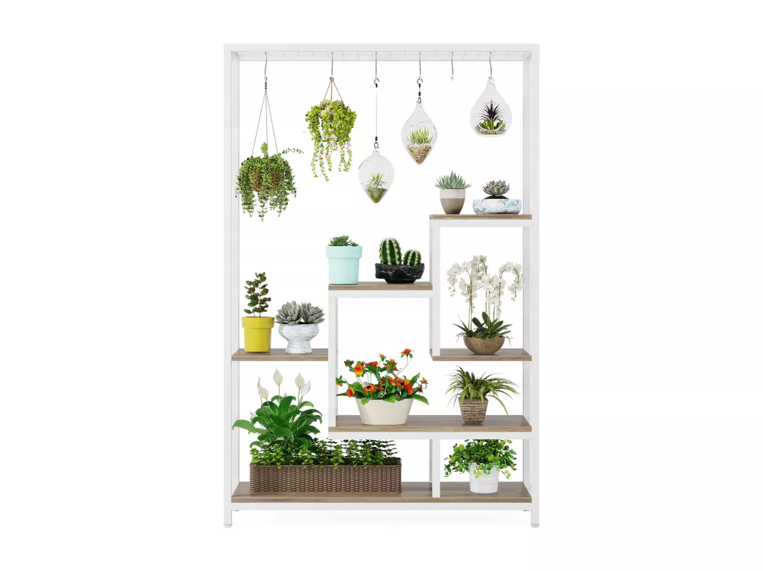Support pour plantes d'intérieur à 5 niveaux, étagère en métal de 180,1 cm avec 10 crochets de suspension, support multifonction pour bonsaï de fleurs, pour intérieur, jardin, balcon (Blanc)