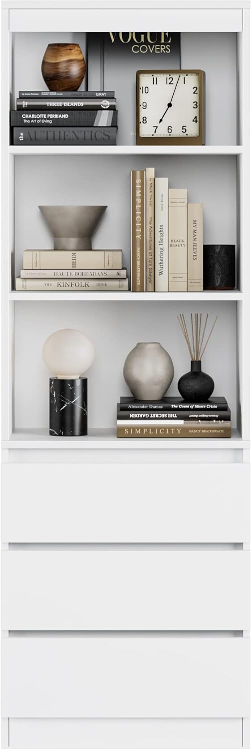 FirFurd Bücherregal mit 3 Schubladen 3 Fächern 180 cm Hochschrank Bücherschrank Vitrinenschrank Mehrzweckschrank für Wohnzimmer Büro Küche 60 x 35 x 180 cm Weiß
