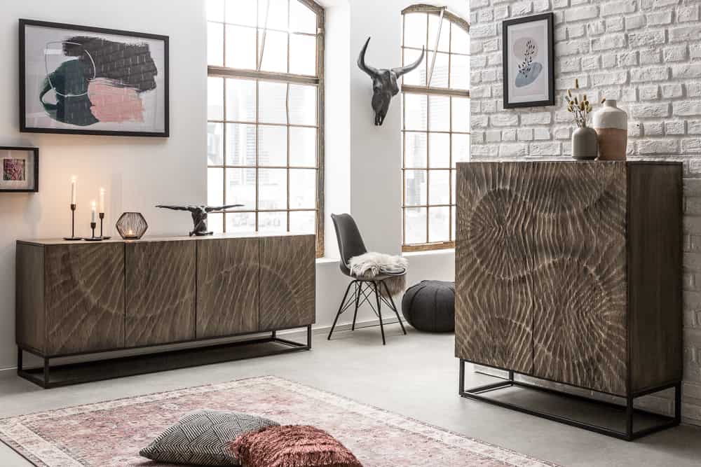 Massives Highboard SCORPION 120cm grau Akazie aufwendige 3D Schnitzereien