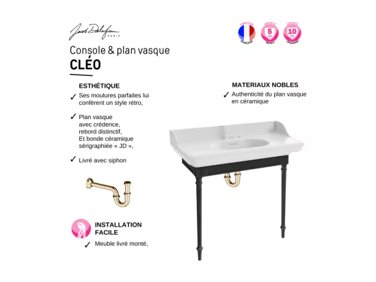 Console JACOB DELAFON Cléo 1889 avec plan vasque 3 trous + miroir + siphon or