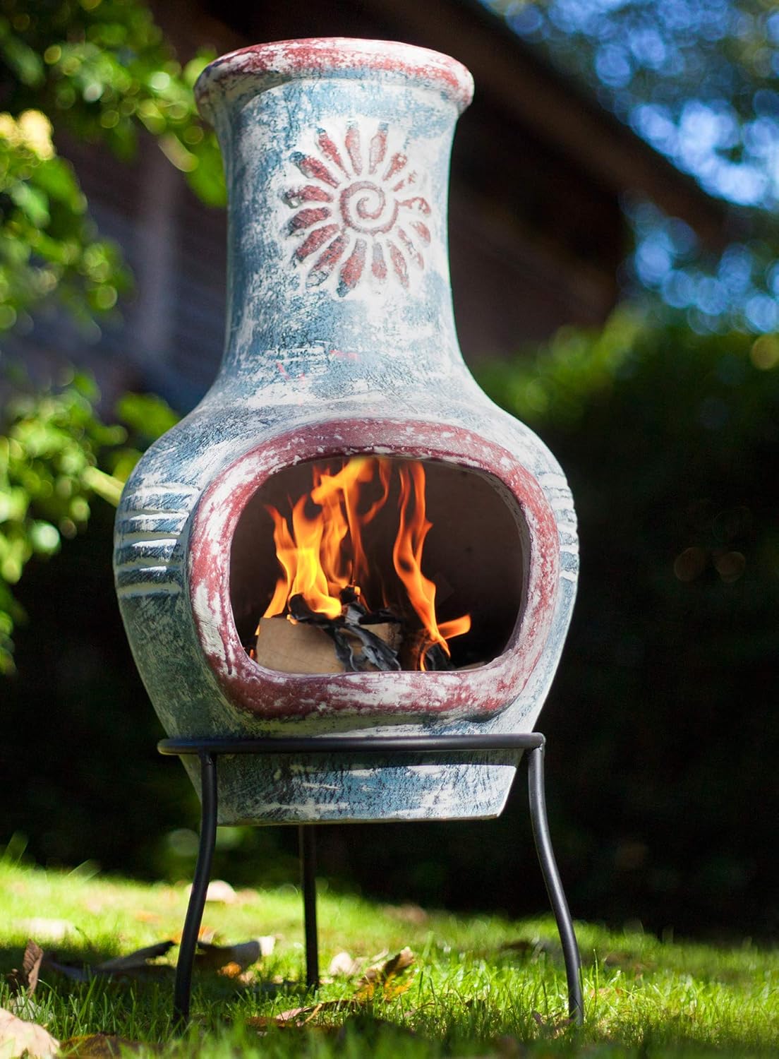 La Hacienda 67034 Swirl Clay Chimenea - Patio Heater - Handmade - Traditional - Log Burner - Sea Blue & Red with Protective Rain Lid and Solid Metal Stand,Medium
