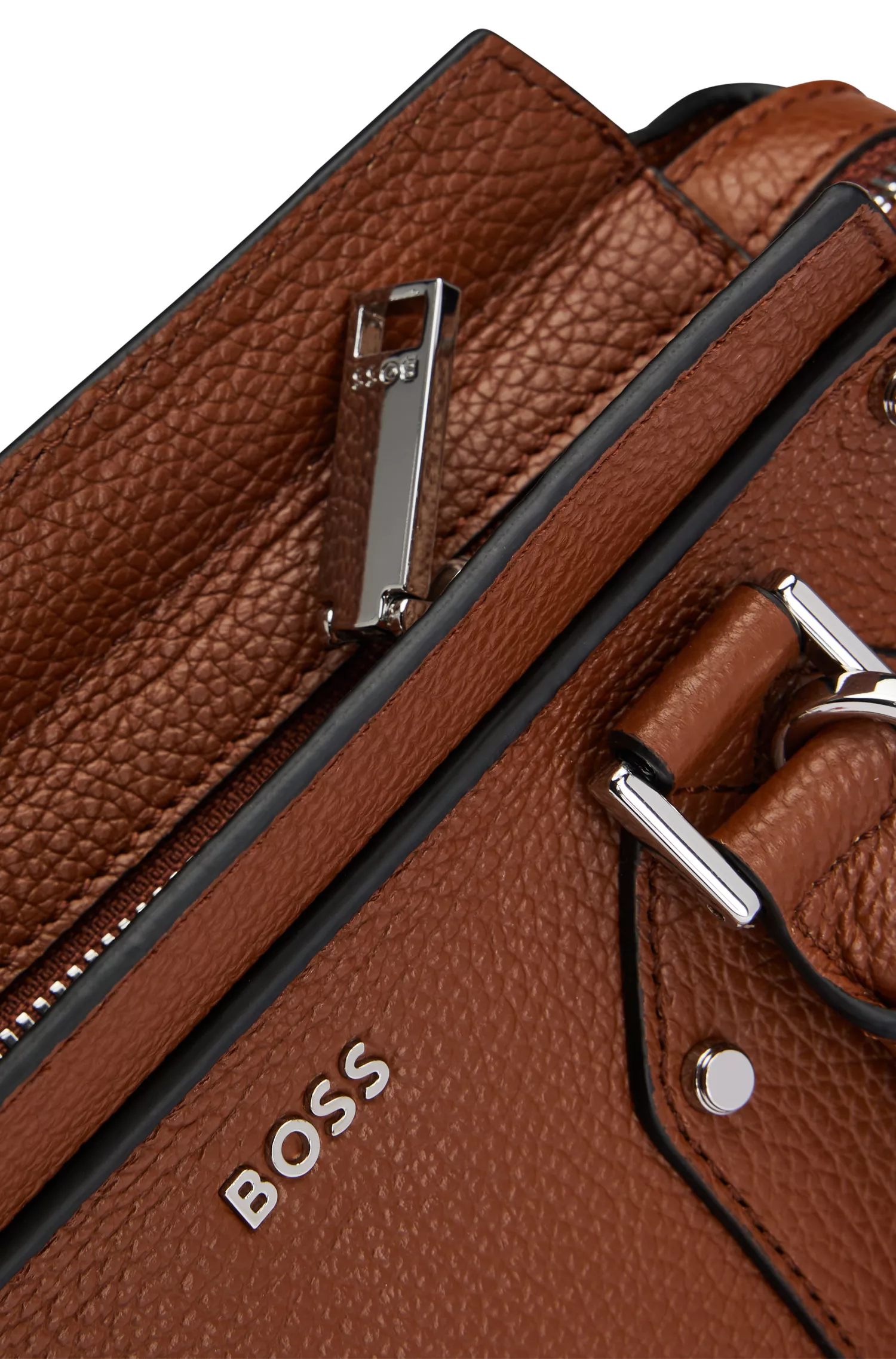 Bolsa tote mini BOSS em couro granulado preto com rebites de metal.