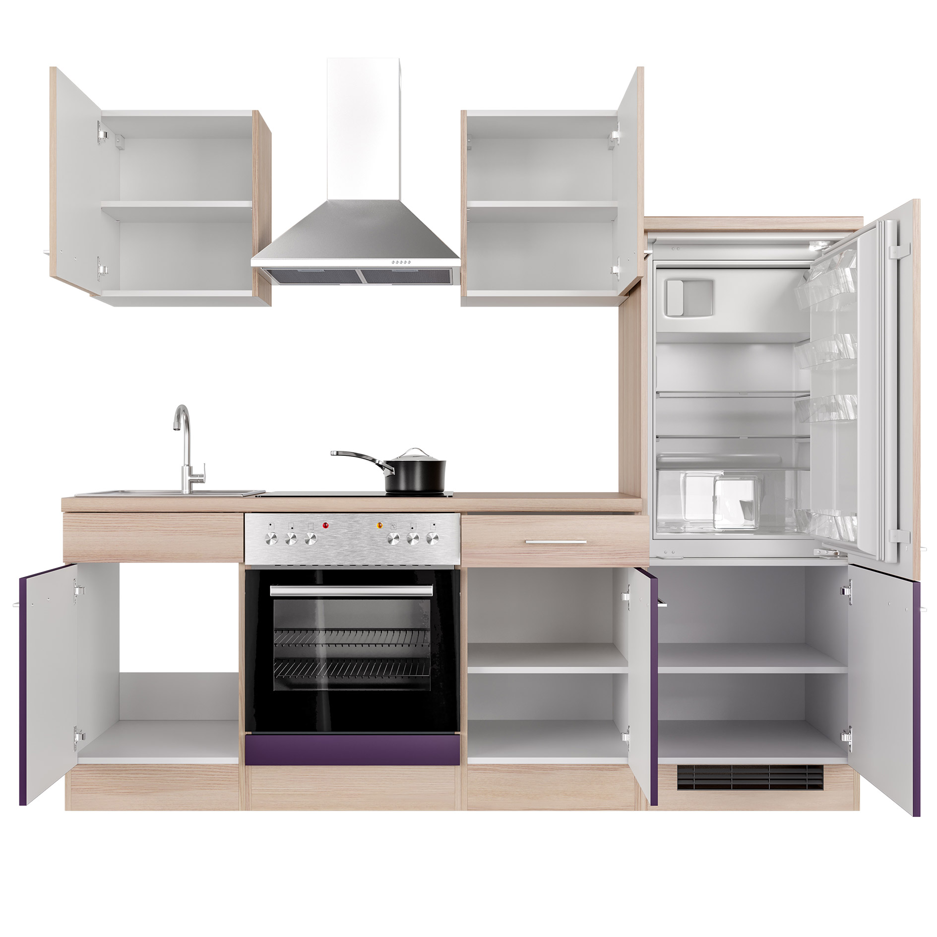 Küchenblock FOCUS - Akazie - aubergine - mit E-Geräten - 220 cm