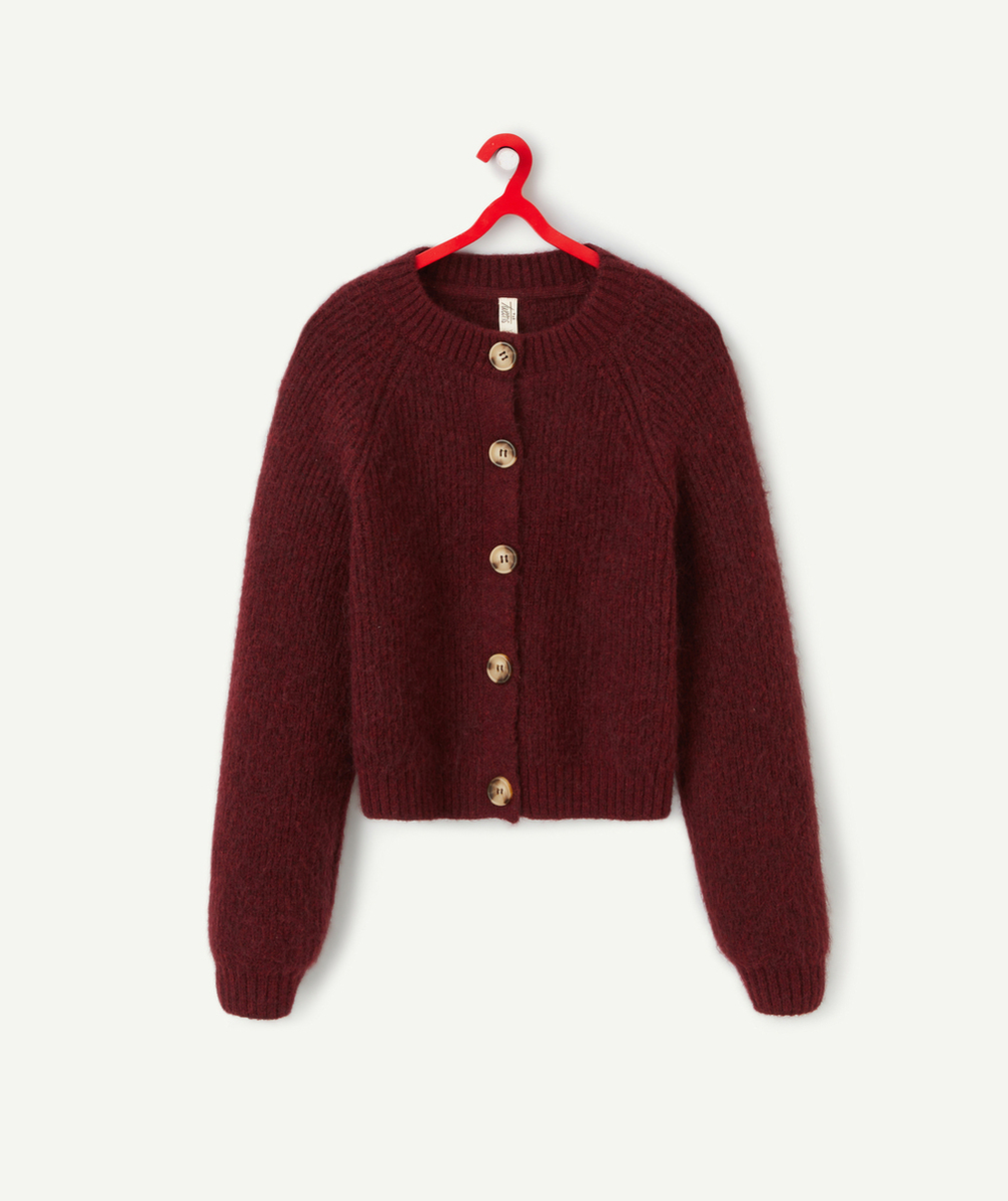 CARDIGAN TRICOT FILLE ROUGE FONCÉ AVEC BOUTONS EFFET ÉCAILLES