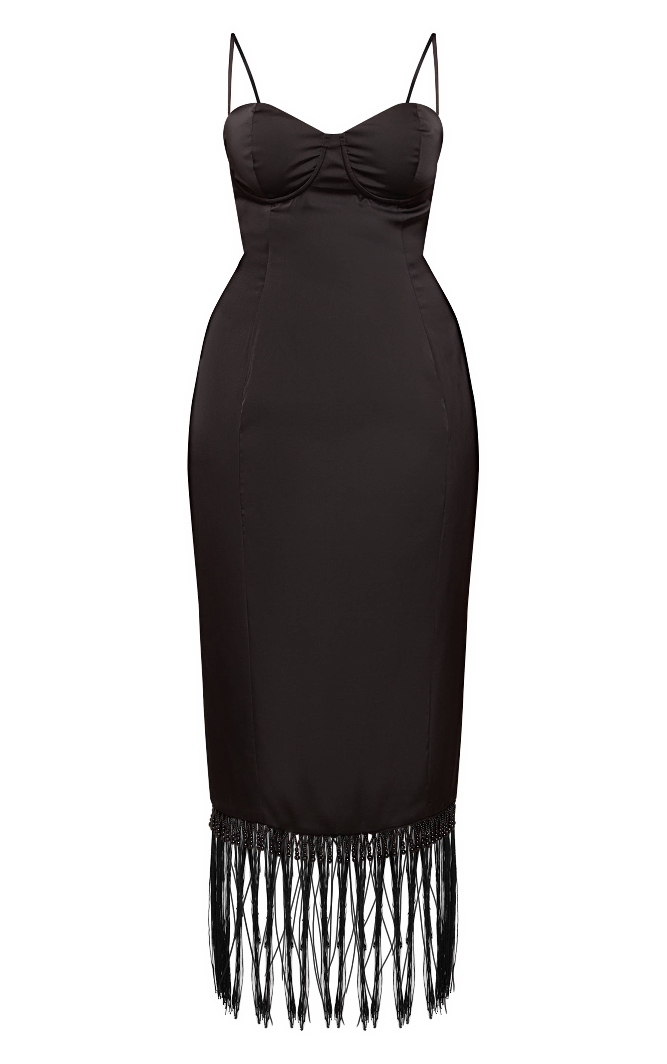 Noir Robe Maxi Ajustée À Ourlet À Franges Perlées