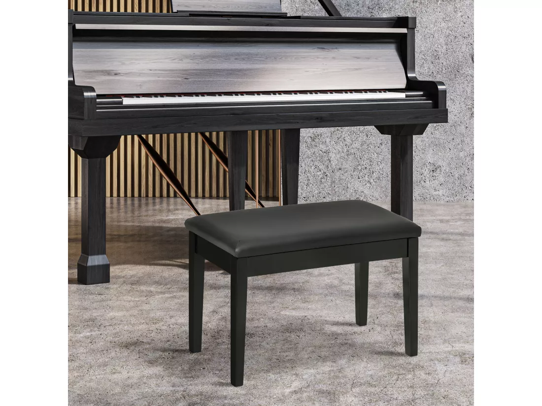 Banquette tabouret siège pour piano avec coffre de rangement pied bois hévéa revêtement synthétique noir