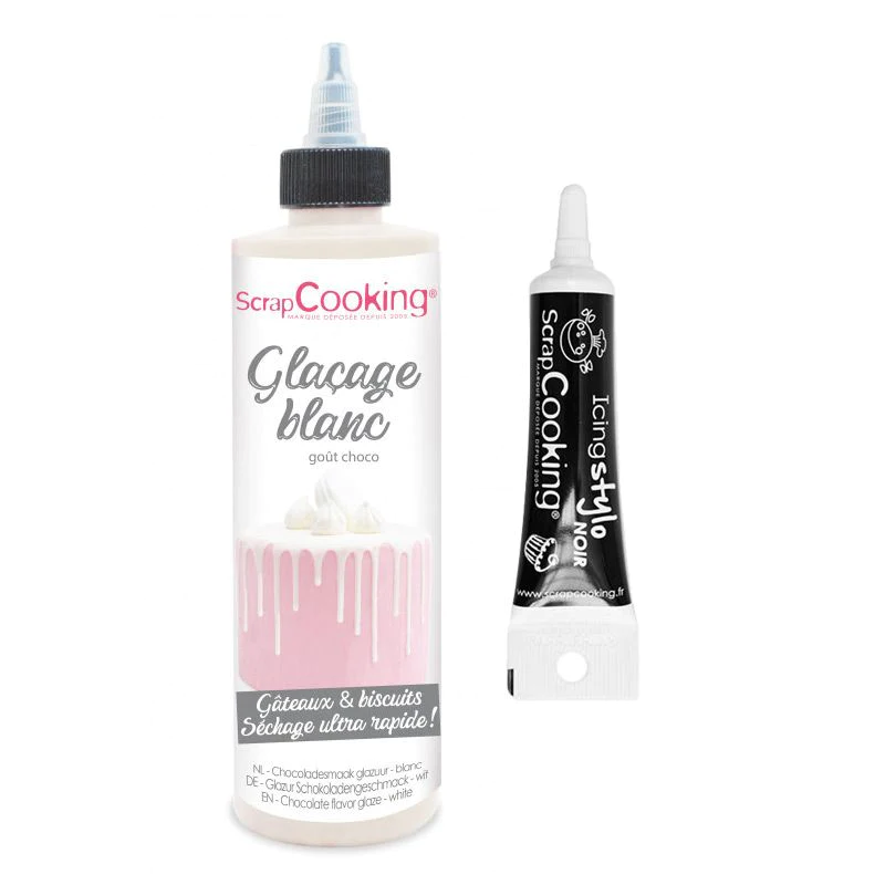 Glaçage goût chocolat 130 g blanc + Stylo de glaçage noir Scrapcooking
