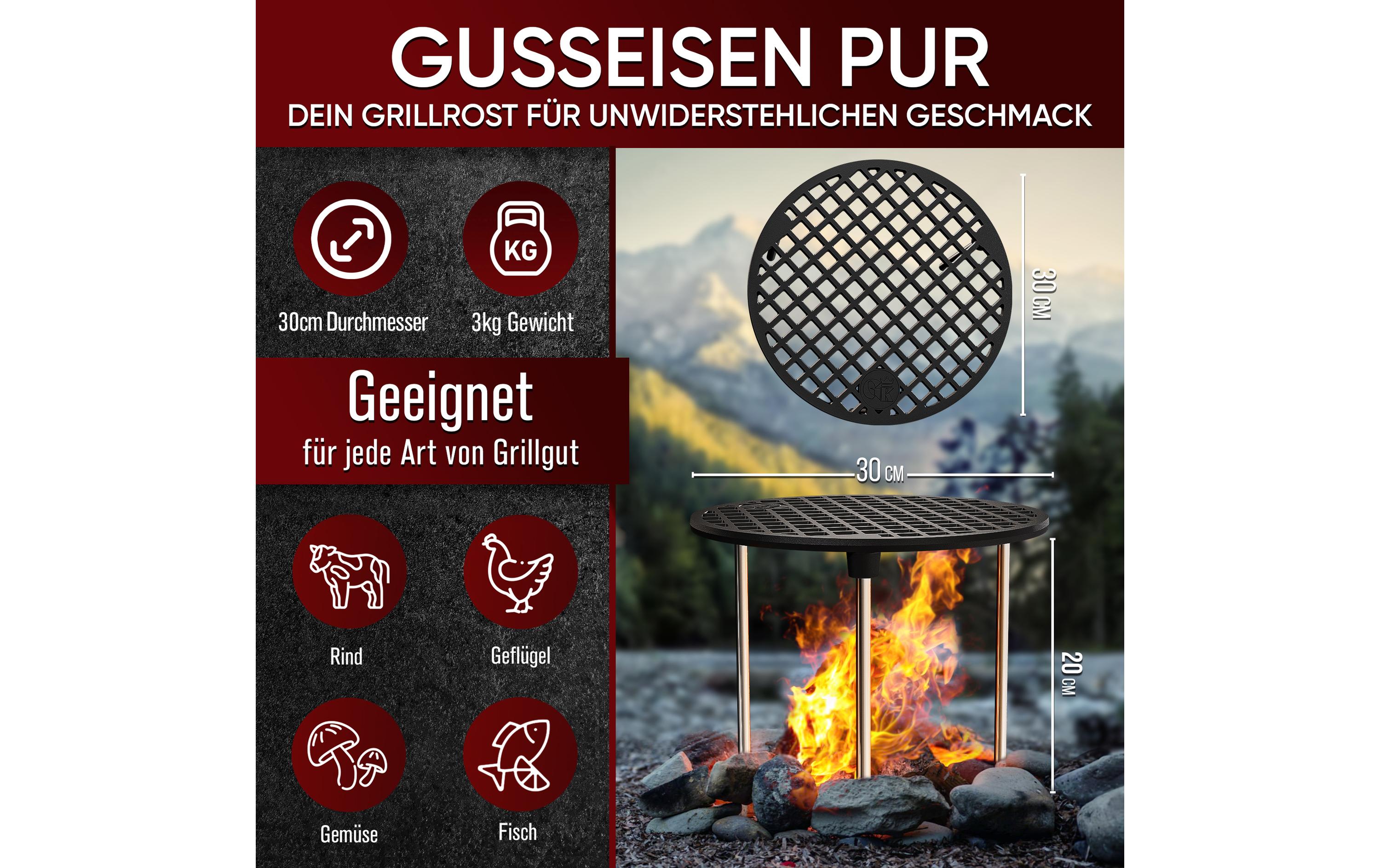 Grillrost 30 cm mit 3 BeinenGusseisen Grillrost mit 3 abnehmbaren Beinen