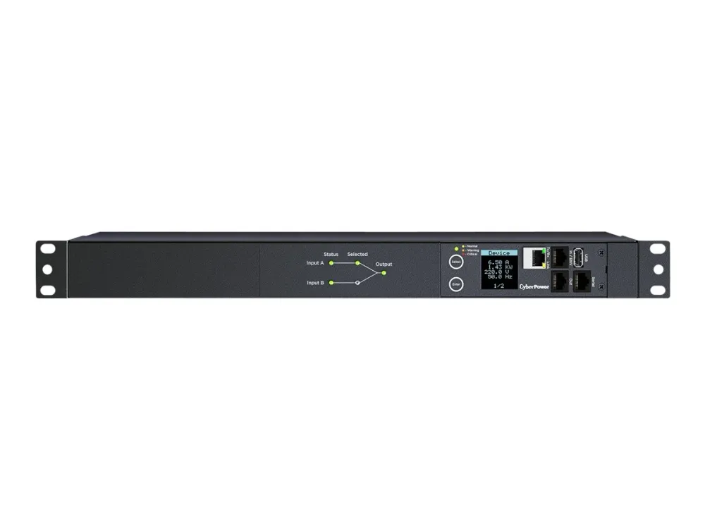 CyberPower Switched ATS PDU44005 - Strømfordelingsenhed (rackversion) - AC 200-240 V - 1-faset - serial, Ethernet - input: 2 x IEC 60320 C20 - output-stikforbindelser: 10 (8 x IEC 60320 C13, 2 x IEC 60320 C19) - 1U - 3.05 m ledning - sort