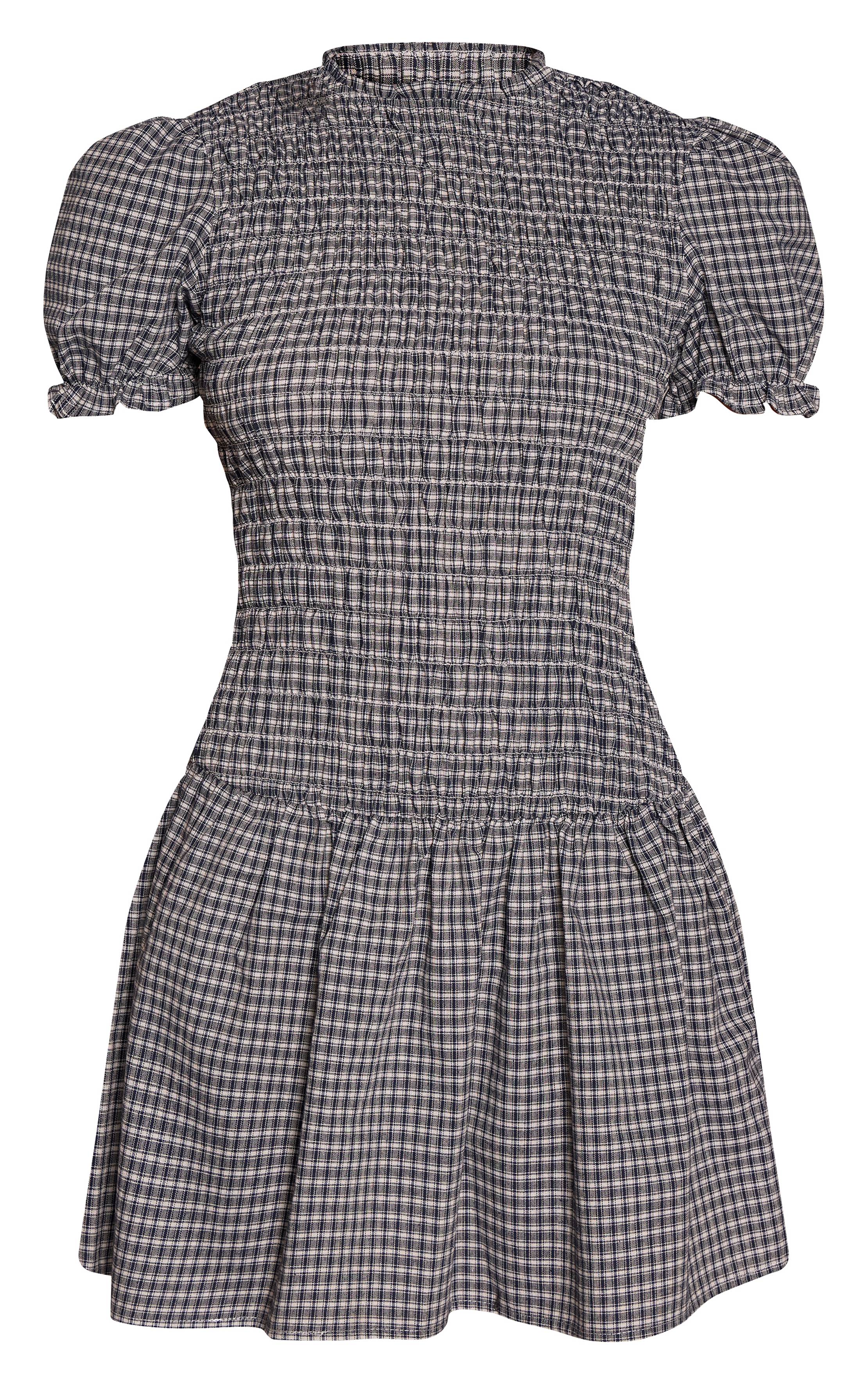 Bleu Marine Robe Droite À Carreaux Avec Manches Courtes Froncées