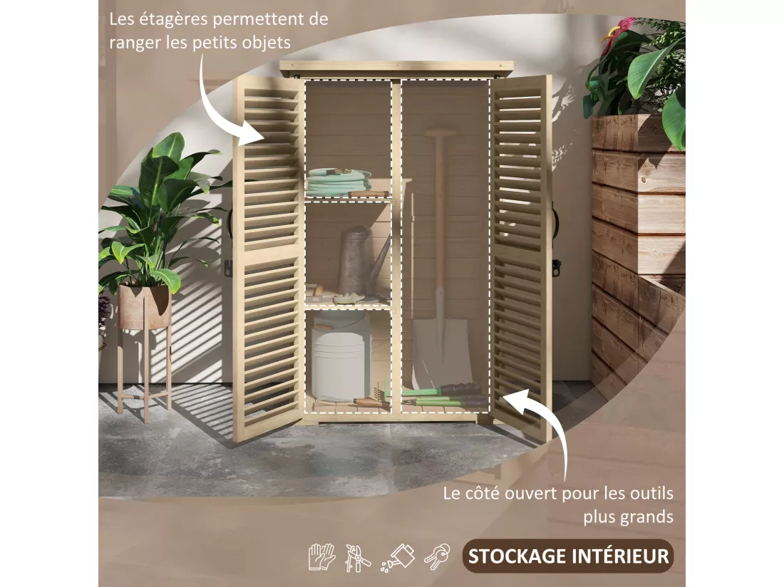 Armoire de jardin abri de jardin 2 portes persiennes 2 étagères toit bitumé bois sapin pré-huilé