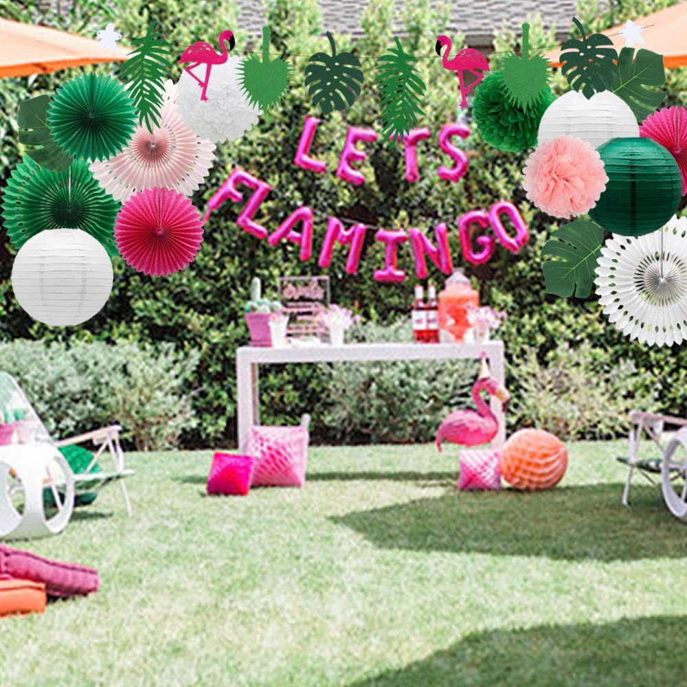 (13-tlg. Set) Sommer Party Dekoration Accessoires Pompon's / Rosetten / Flamingo Girlande / Lampions / Palmenblätter - Tropical Hawaii