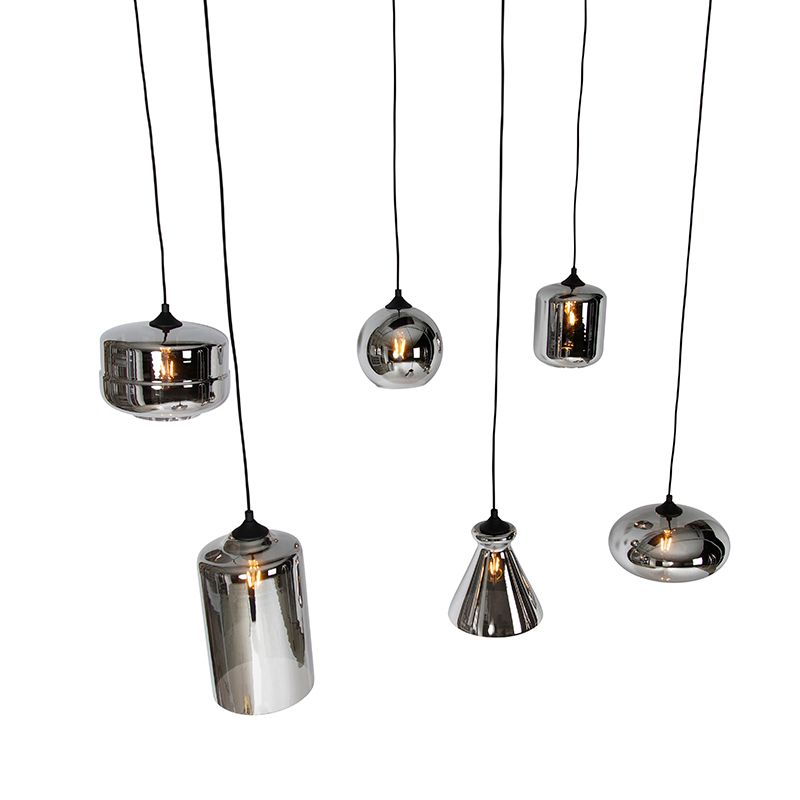 Art deco hanglamp zwart met smoke glas 6-lichts - Wallace