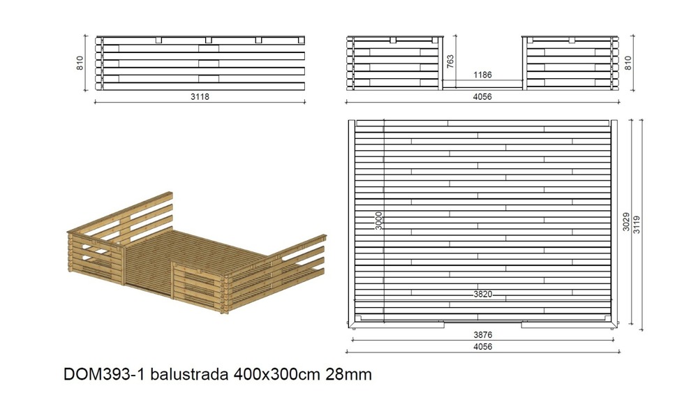 Abri de jardin en bois - 4x3 m - 24 m2 + terrasse avec balustrade et avant-toit en bois