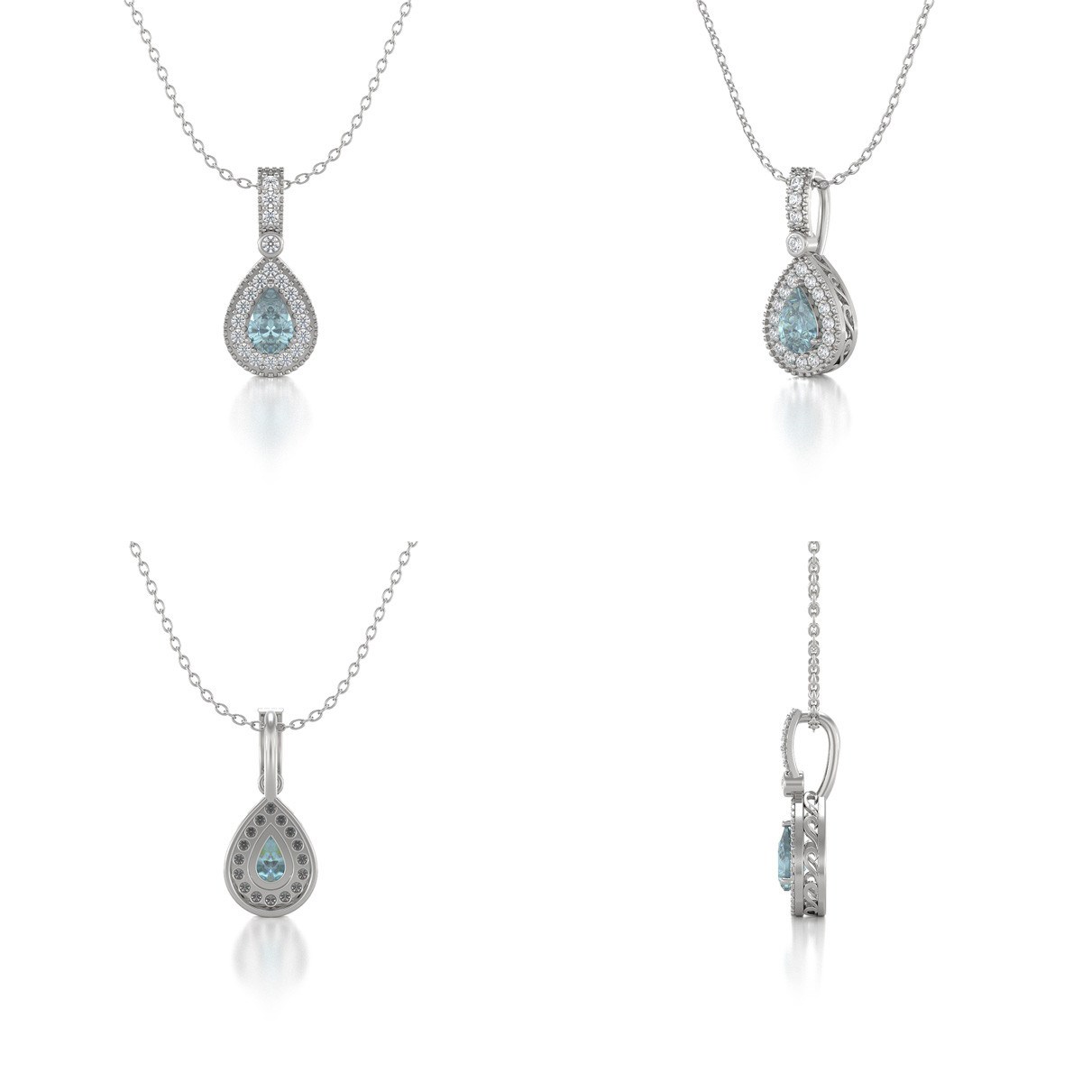 Collier Pendentif ADEN Or 585 Blanc Aigue-Marine et Diamants Chaine Or 585 incluse 1.55grs