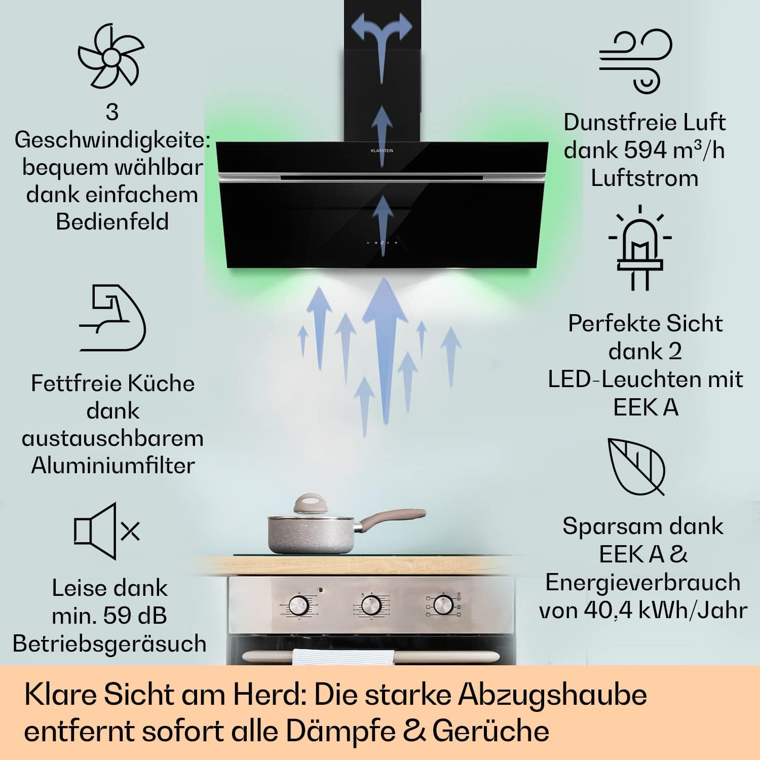 Klarstein Alina 90 Dunstabzugshaube - 600 m³/h, Touchpanel, LED-Hintergrundbeleuchtung, Energieklasse A, Leise 63 dB, Abzugshaube Küche, 90 cm, Schwarz