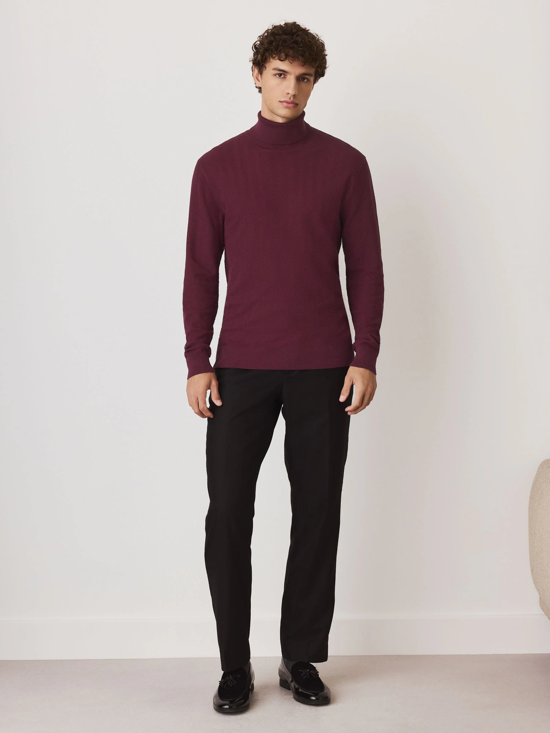 Bordeauxrood - Slim Fit Herringbone Texture Roll Neck Jumper