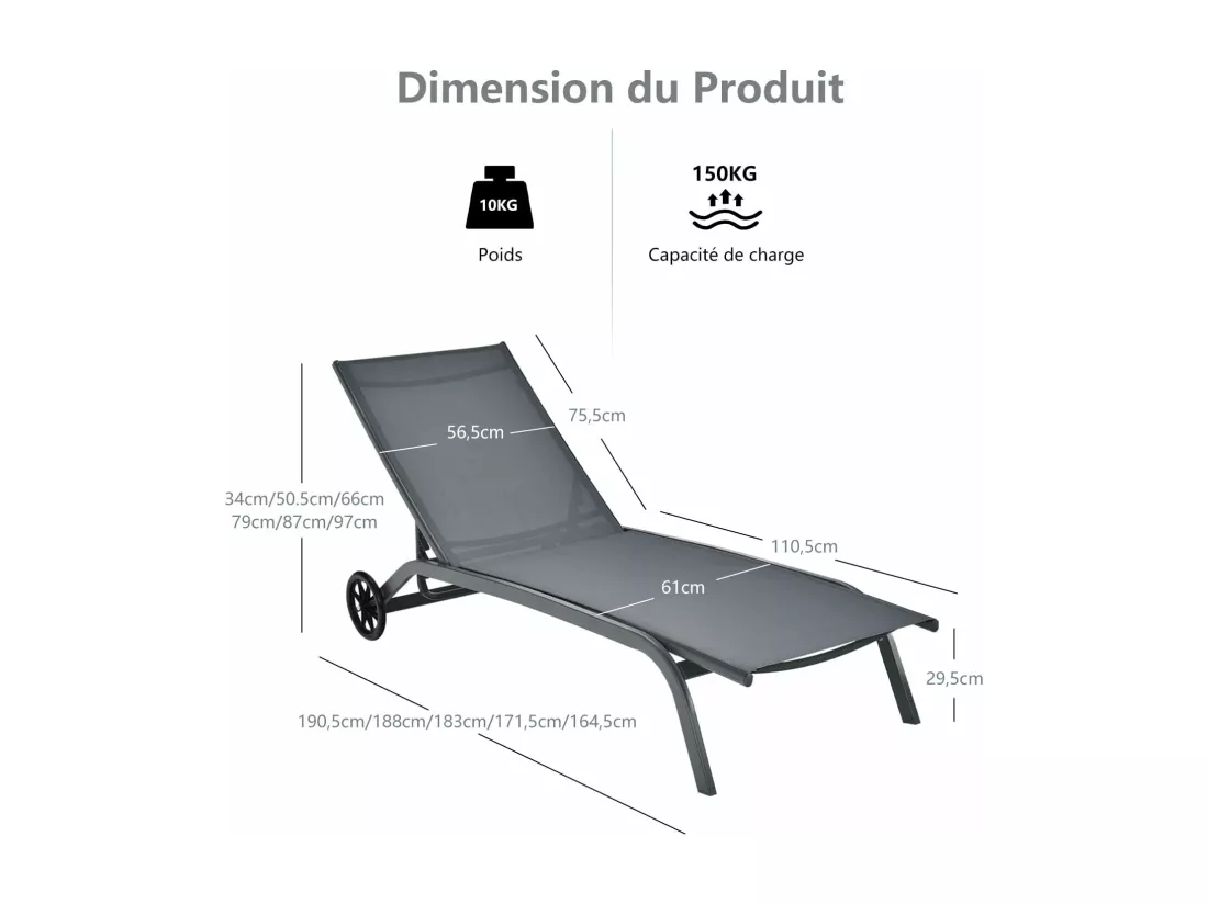 Chaise Longue de Jardin, Réglable à 6 Positions, Bain de Soleil, Transat de Relaxation pour Bord de Piscine, Cour et Jardin,Gris