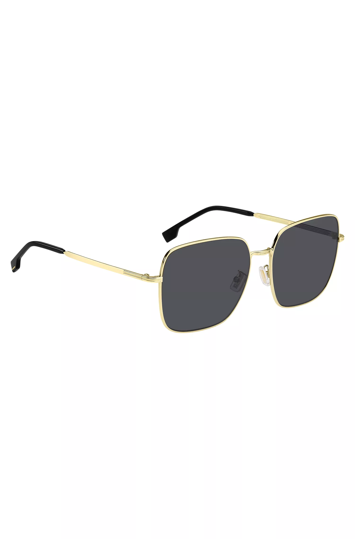 Óculos de sol BOSS em tons de preto e dourado com detalhes exclusivos.