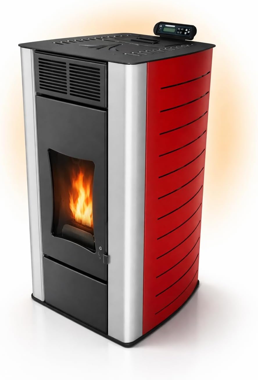 NEMAXX® P18 Wasserführender Hydro-Pelletofen 18 kW bis 300 m³ – BAFA/förderfähig–Zentralheizung – A+ 40 kg Tank – Wasser 12,5 kW – bis 18 Std. Laufzeit – ECO, Automatik, Wochentimer, Wi-Fi Ready – Rot