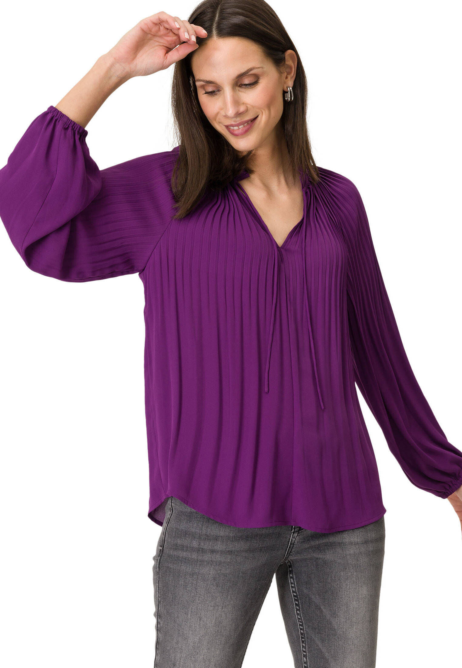 zero| Damen Plissee Bluse mit V-Ausschnitt