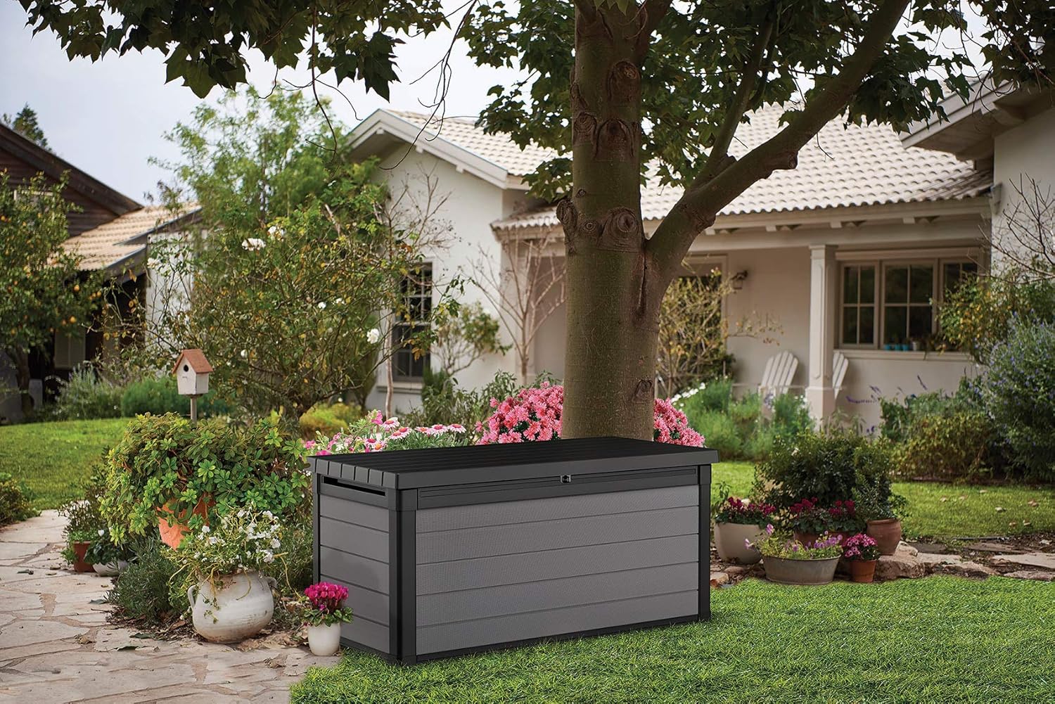 Ondis24 Keter Kissenbox Gartenbox XXL wasserdicht (570 Liter), Outdoor Auflagenbox, Premier Box, Sitztruhe, Kissentruhe Garten, Sitzbank