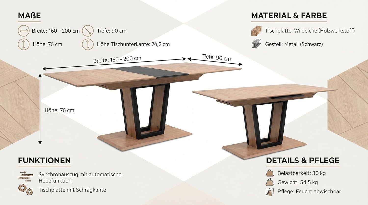 Newroom Esstisch Ausziehbar bis 200cm in Wildeiche Anthrazit Moderner Esszimmertisch - 160-200 x 76 x 90 cm (BxHxT) - Auszugstisch Synchronauszug - Esszimmer Küche Wohnbereich