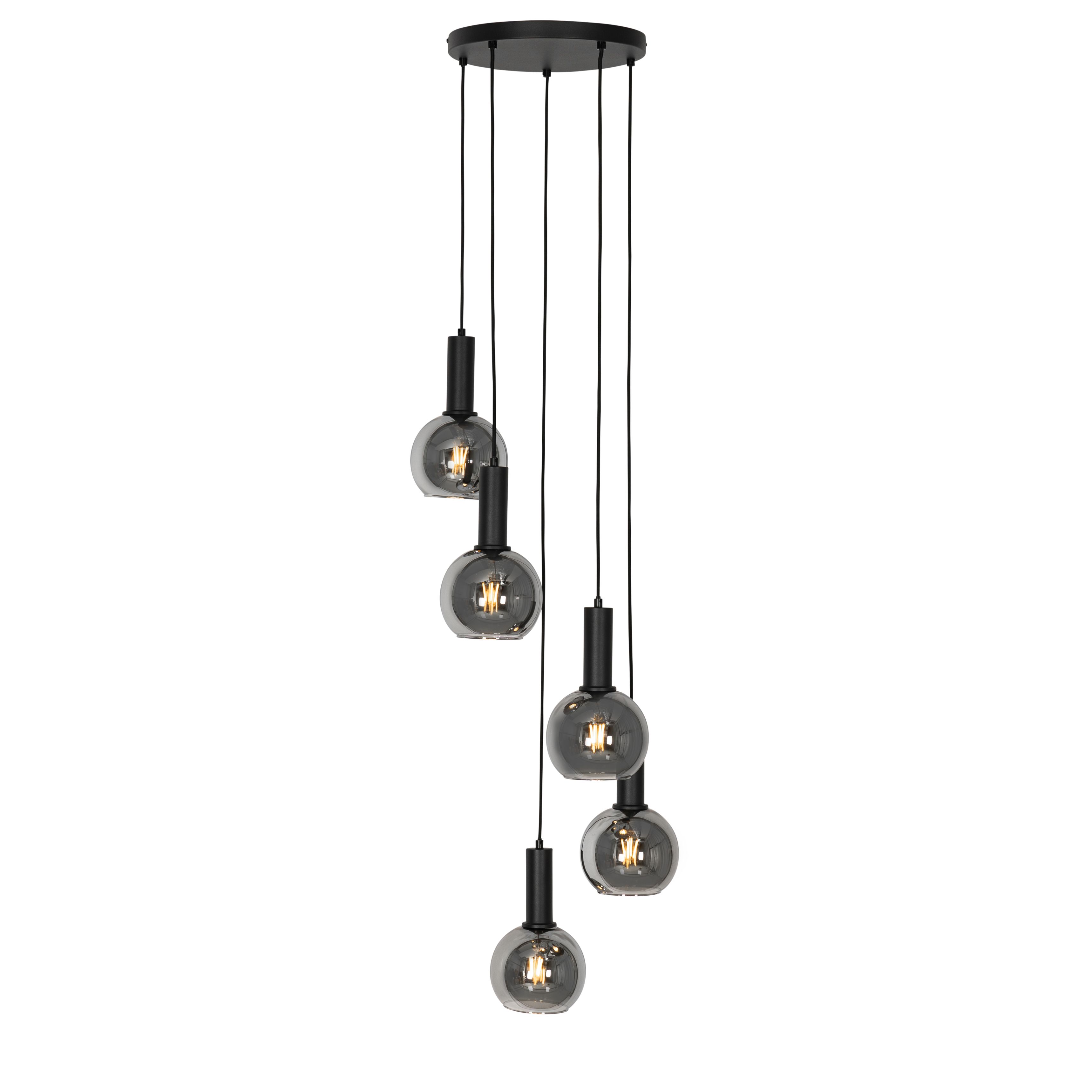Art Deco hanglamp zwart met smoke glas rond 5-lichts - Josje