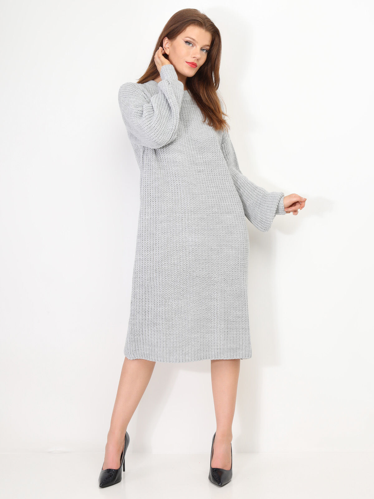 Robe pull mi-longue à manches bouffantes- Gris
