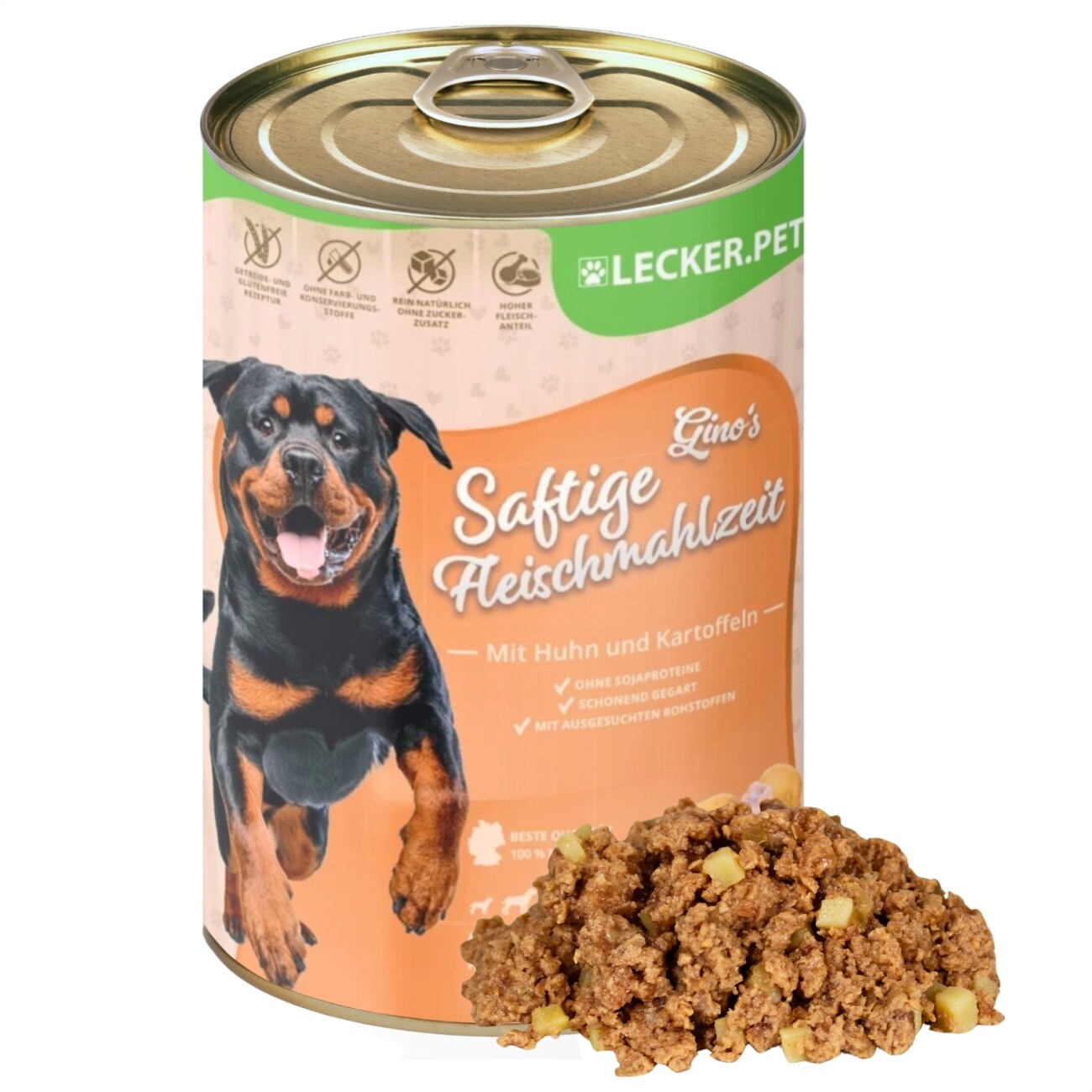 Lyra Pet Lecker.Pet Gino's Saftige Fleischmahlzeit mit Huhn & Kartoffeln Hundefutter Nassfutter 6x400 g