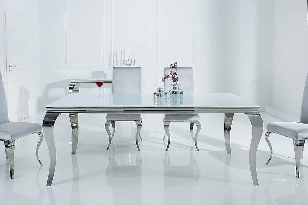 Eleganter Design Esstisch MODERN BAROCK 180cm weiß Edelstahl Opalglas Tischplatte