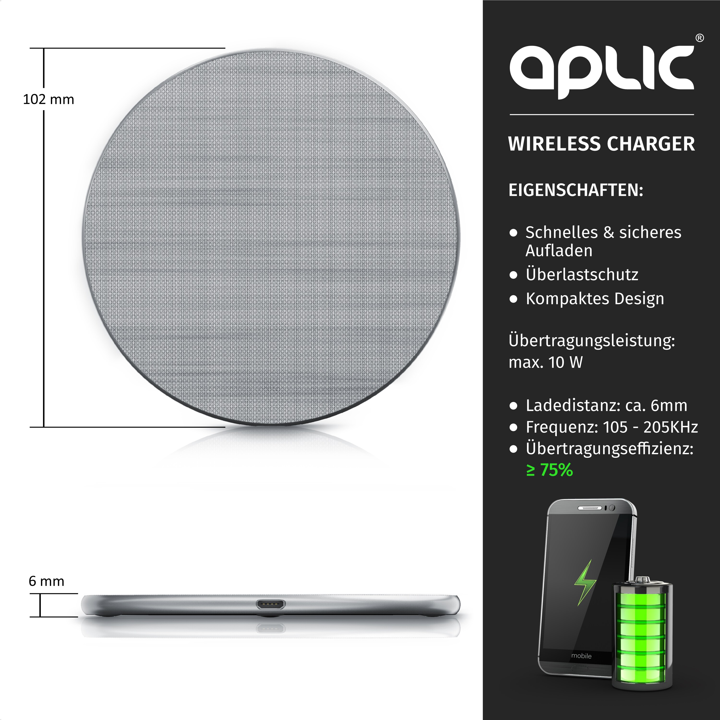 Aplic Induktions-Ladegerät, Qi Lader - Induktive Schnell-Ladestation, Qi 1.1 kompatibel, 10 W