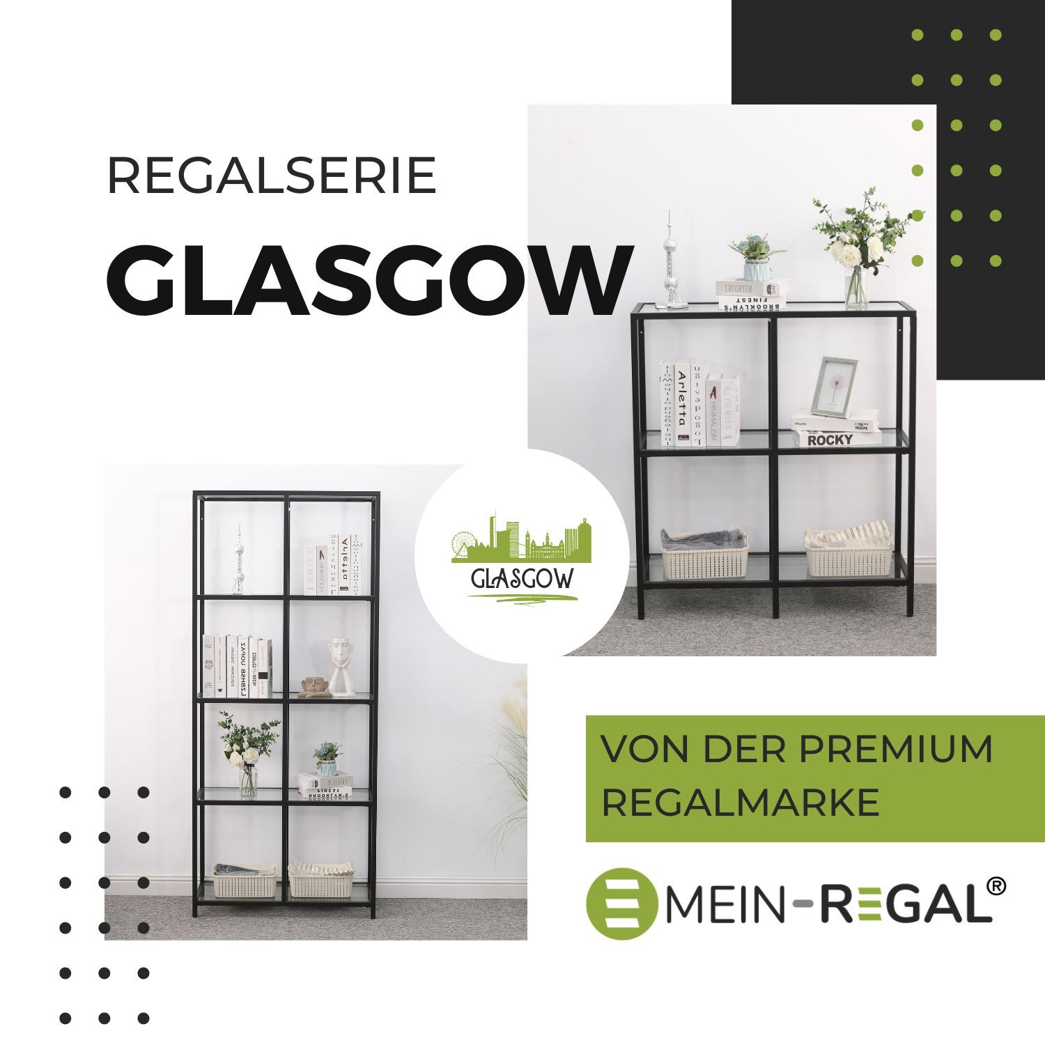 Mein-Regal Regal Glasgow 90x35x100cm aus Metall Glaseinlegeboden 2 Etagen schwarz